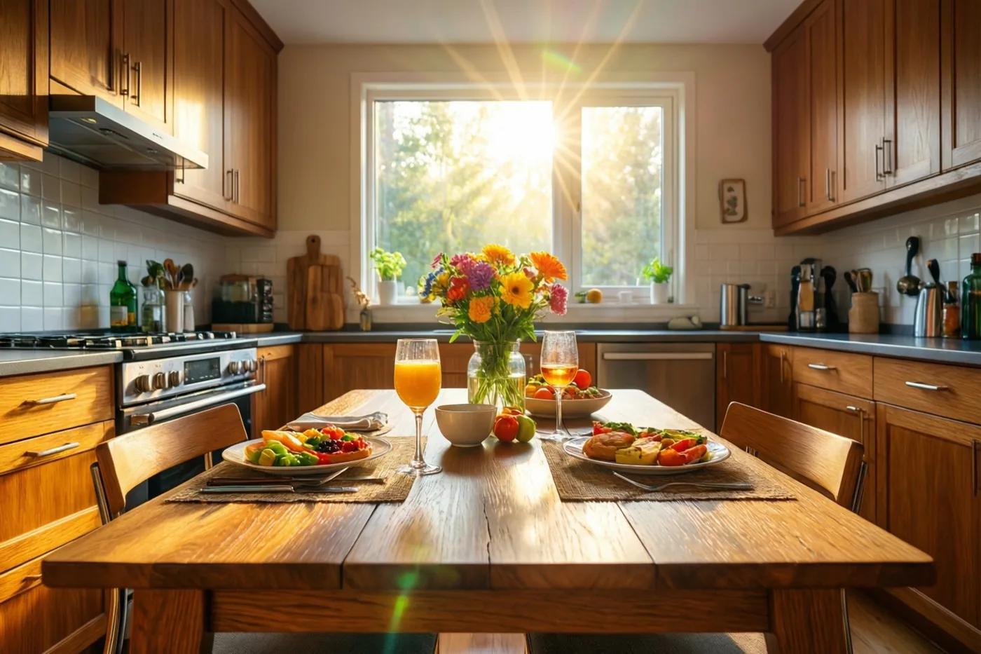 Een houten eettafel met een kleurrijk ontbijt voor twee en een bloemstuk staat in een moderne keuken waar ochtendzon door het raam valt.