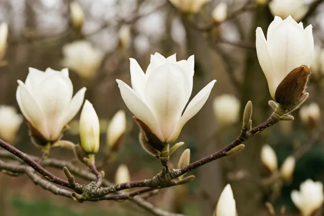Witte magnoliabloemen in verschillende stadia van ontluiken groeien aan een kale donkere tak, met een zachte onscherpe achtergrond buiten.