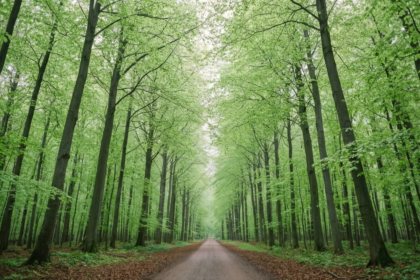 Een onverhard pad loopt tussen hoge beuken met frisgroene bladeren in een dicht bos met zacht verspreid licht.
