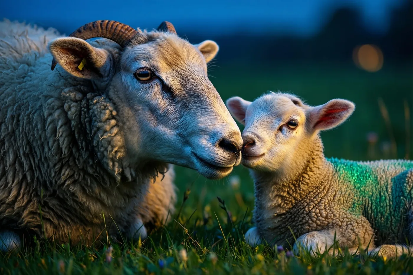 Een ooi en haar lam raken elkaar met hun snuiten aan in een grasweide bij schemering, in goudkleurig licht tegen een koele blauwe achtergrond.