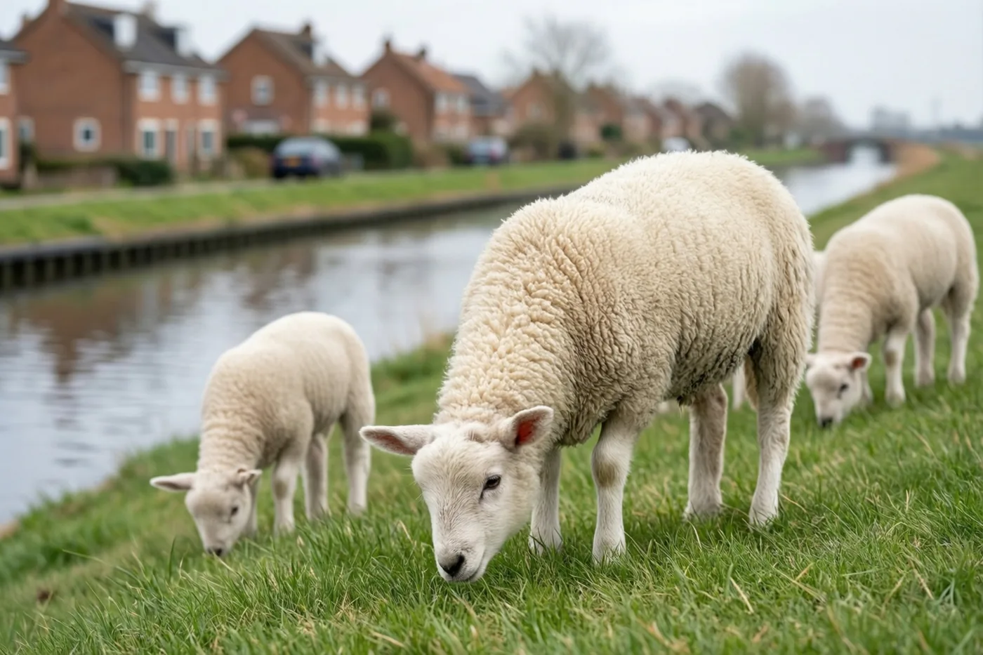 Een ooi en twee lammetjes grazen op een grasdijk naast een rustig kanaal, met bakstenen huizen onder een bewolkte hemel op de achtergrond.