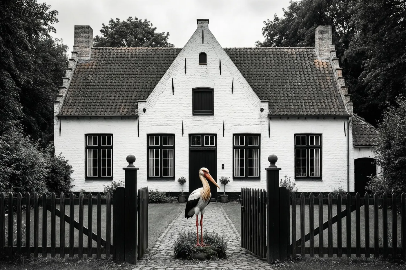 Bij de poort van een witgekalkte Vlaamse hoeve staat een houten ooievaar, naast een kasseipad en een donker houten hek onder een bewolkte hemel.