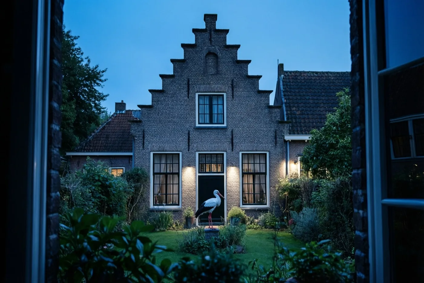 Door een raam zie je bij schemering een ooievaar in de voortuin van een bakstenen huis met trapgevel, met warm licht binnen en blauwe tinten buiten.