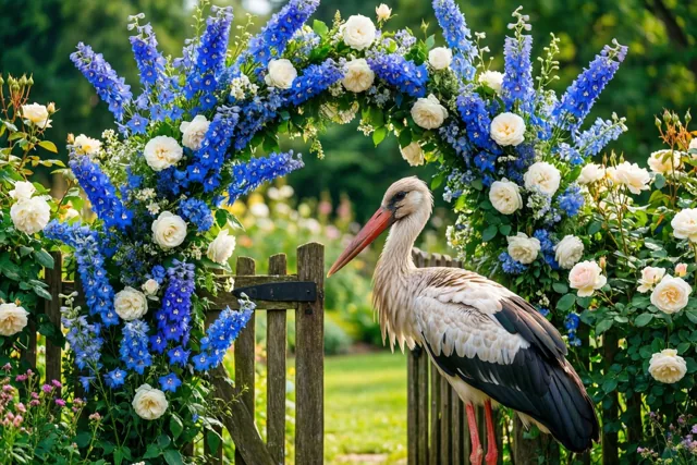 Een ooievaar tussen geboortebloemen