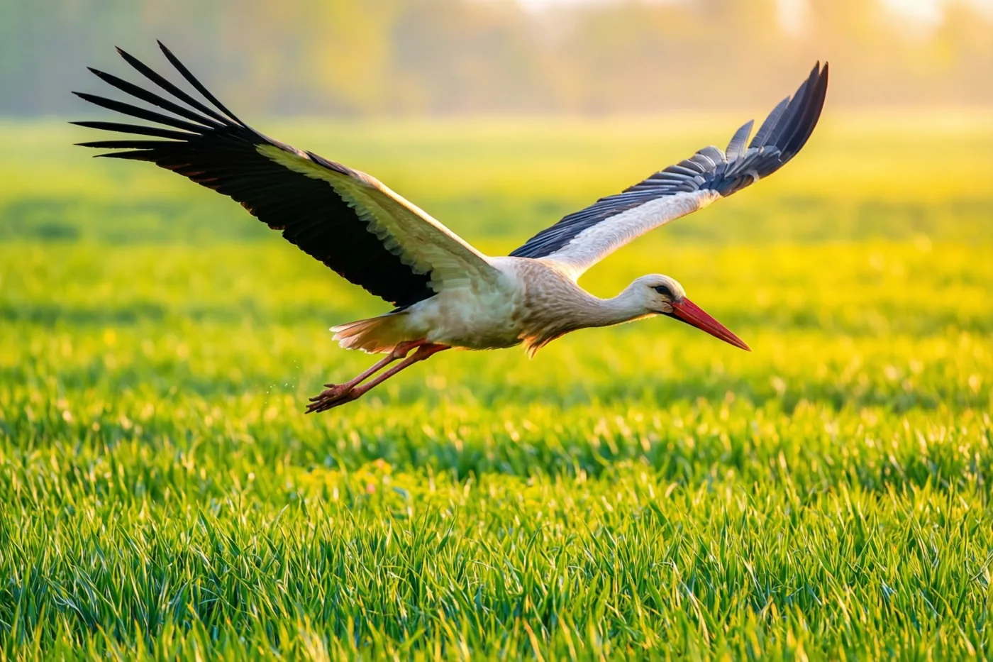 Een witte ooievaar met zwarte vleugelpunten en een rode snavel vliegt bij dageraad laag boven een felgroen veld in warm gouden zonlicht.