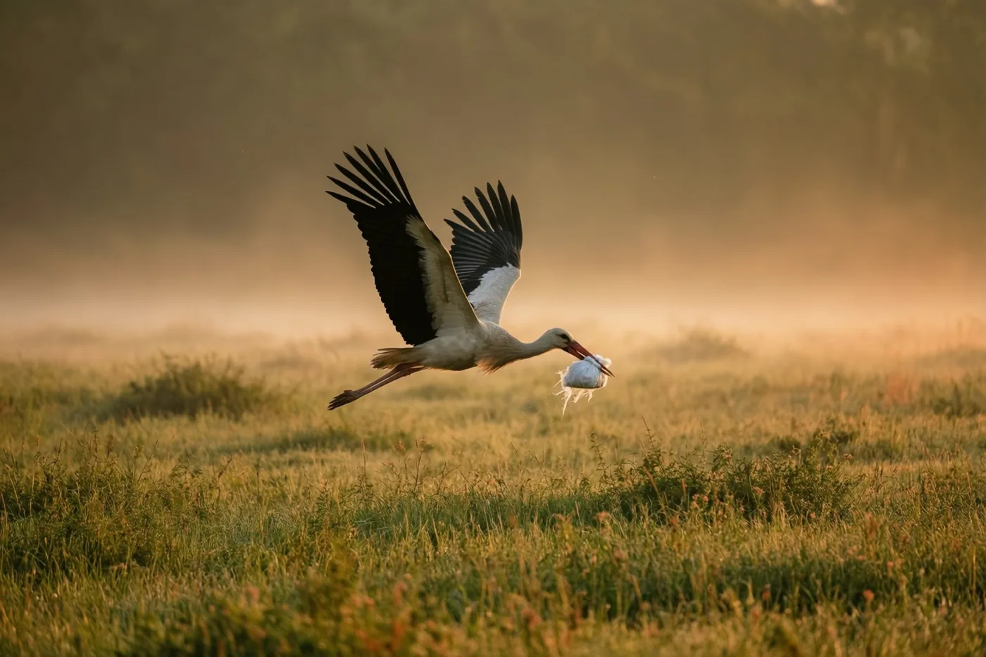 Een ooievaar met zwarte vleugelpunten vliegt bij zonsopgang laag over een grasweide met een wit bundeltje in de snavel, in goudkleurig licht met mist op de achtergrond.
