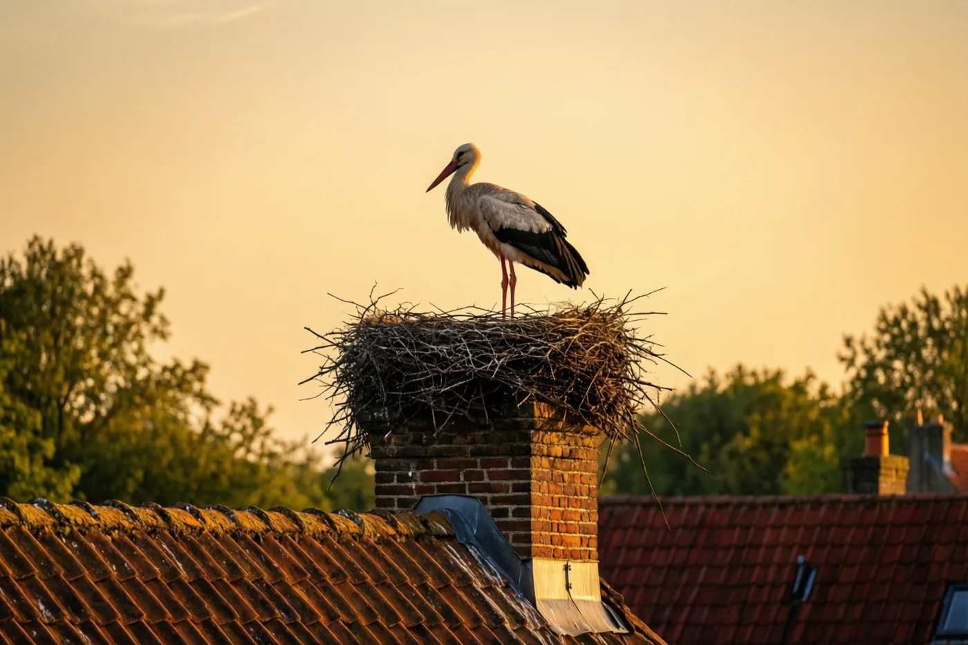 Een witte ooievaar met zwarte vleugelpunten staat op een groot nest op een bakstenen schoorsteen van een Vlaamse boerderij, met rode pannendaken en groene bomen in het gouden avondlicht.