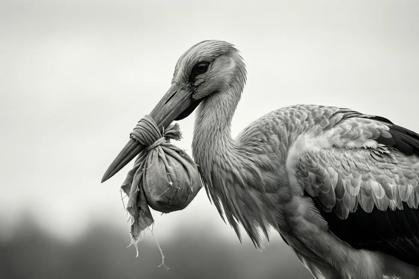Een ooievaar is van opzij te zien met een klein stoffen bundeltje in zijn snavel tegen een bleke bewolkte lucht in een monochroom beeld.