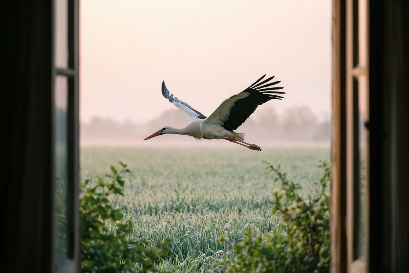 Door een open raam is een witte ooievaar met zwarte vleugelpunten te zien die bij dageraad laag boven een groen veld vliegt in zachte roze en groene tinten.