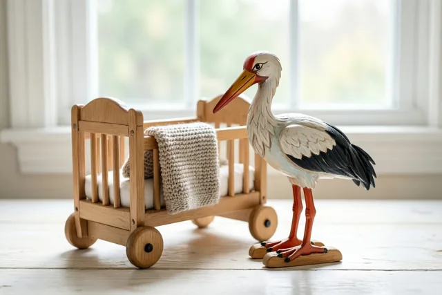 Ooievaar bij het babywiegje