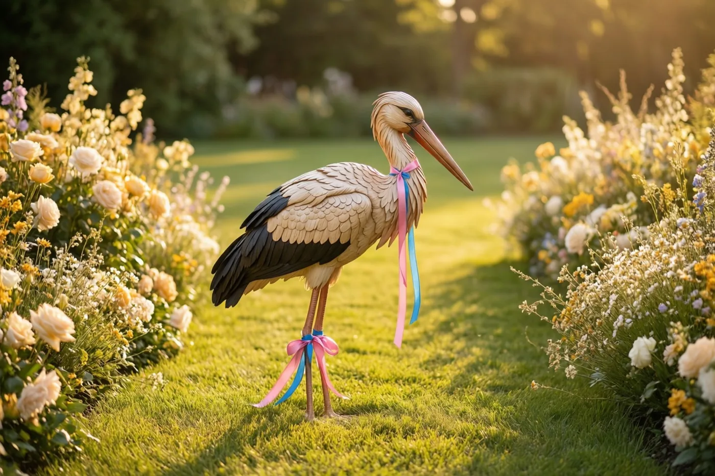 Een houten ooievaar met roze en blauwe linten staat op een groen gazon tussen bloeiende perken in warm, goudkleurig zonlicht.