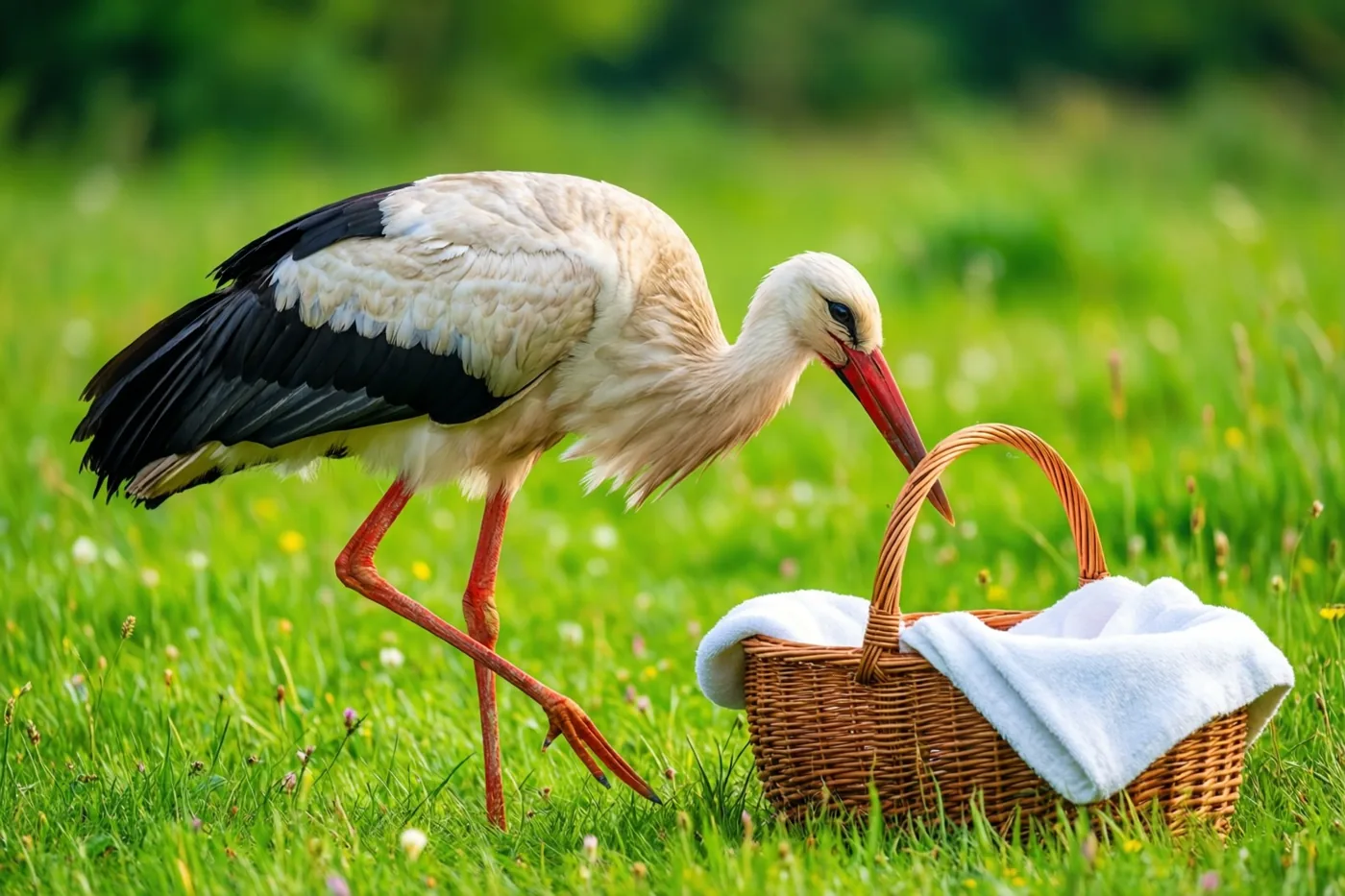 Een witte ooievaar met zwarte vleugelpunten en rode poten staat in een groene wei met zijn lange snavel vlak bij een rieten babymand onder een witte deken.