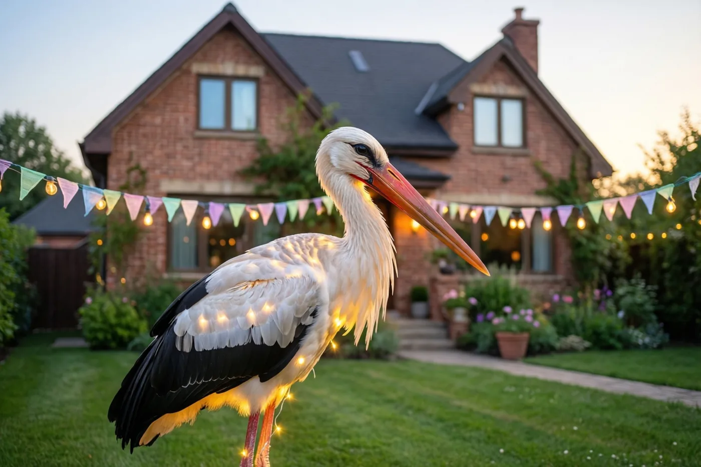 Een witte ooievaar met zwarte vleugels staat bij valavond in een voortuin met gras voor een bakstenen huis, versierd met pastelkleurige driehoekige vlaggetjes en lichtslingers.