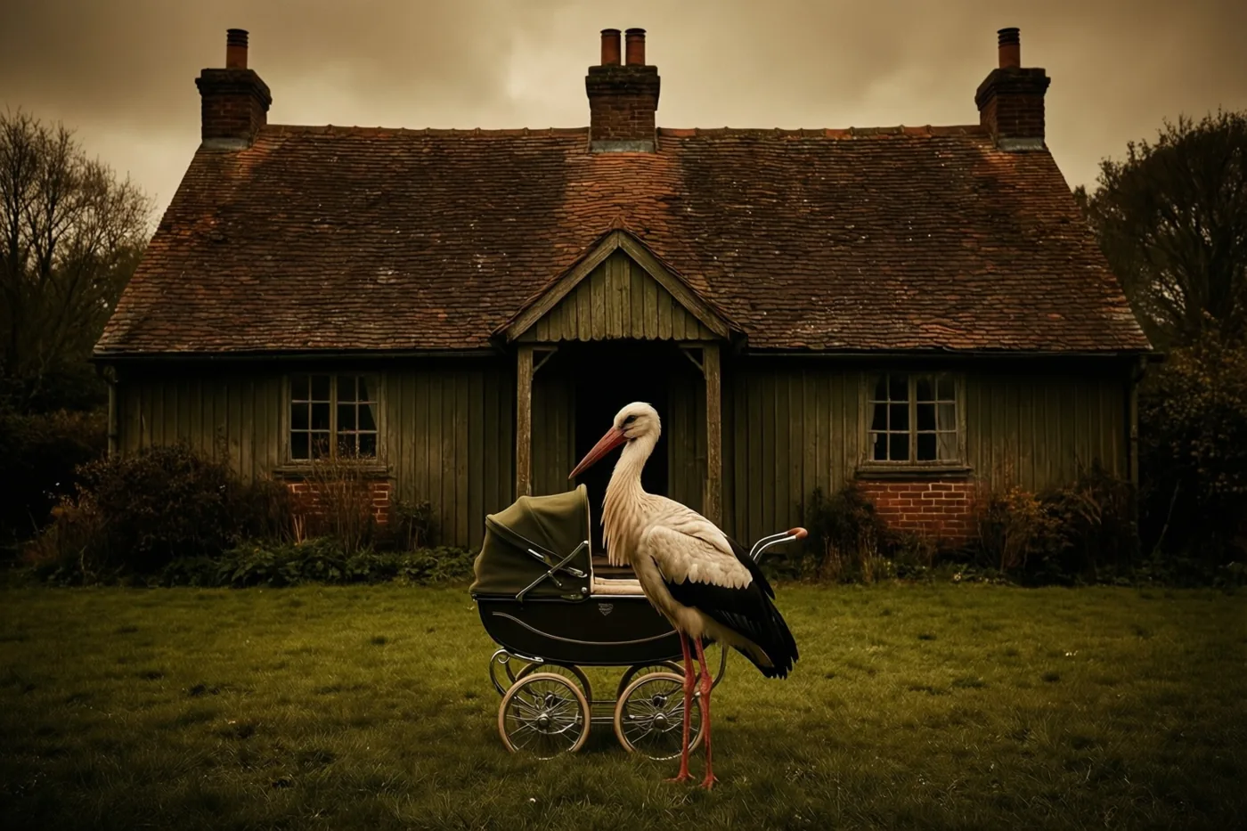 Een ooievaar staat naast een kinderwagen uit de jaren vijftig op het gras voor een oude boerderij met pannendak en bakstenen schoorstenen, in warme sepiatinten.
