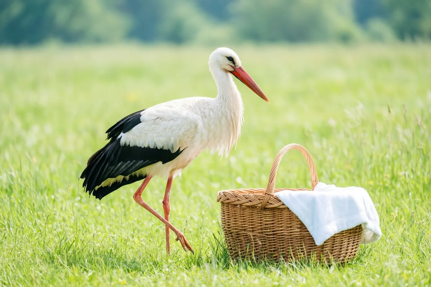 Een witte ooievaar met zwarte vleugelpunten en een rode snavel staat in een groene wei naast een rieten babymand met een witte deken.
