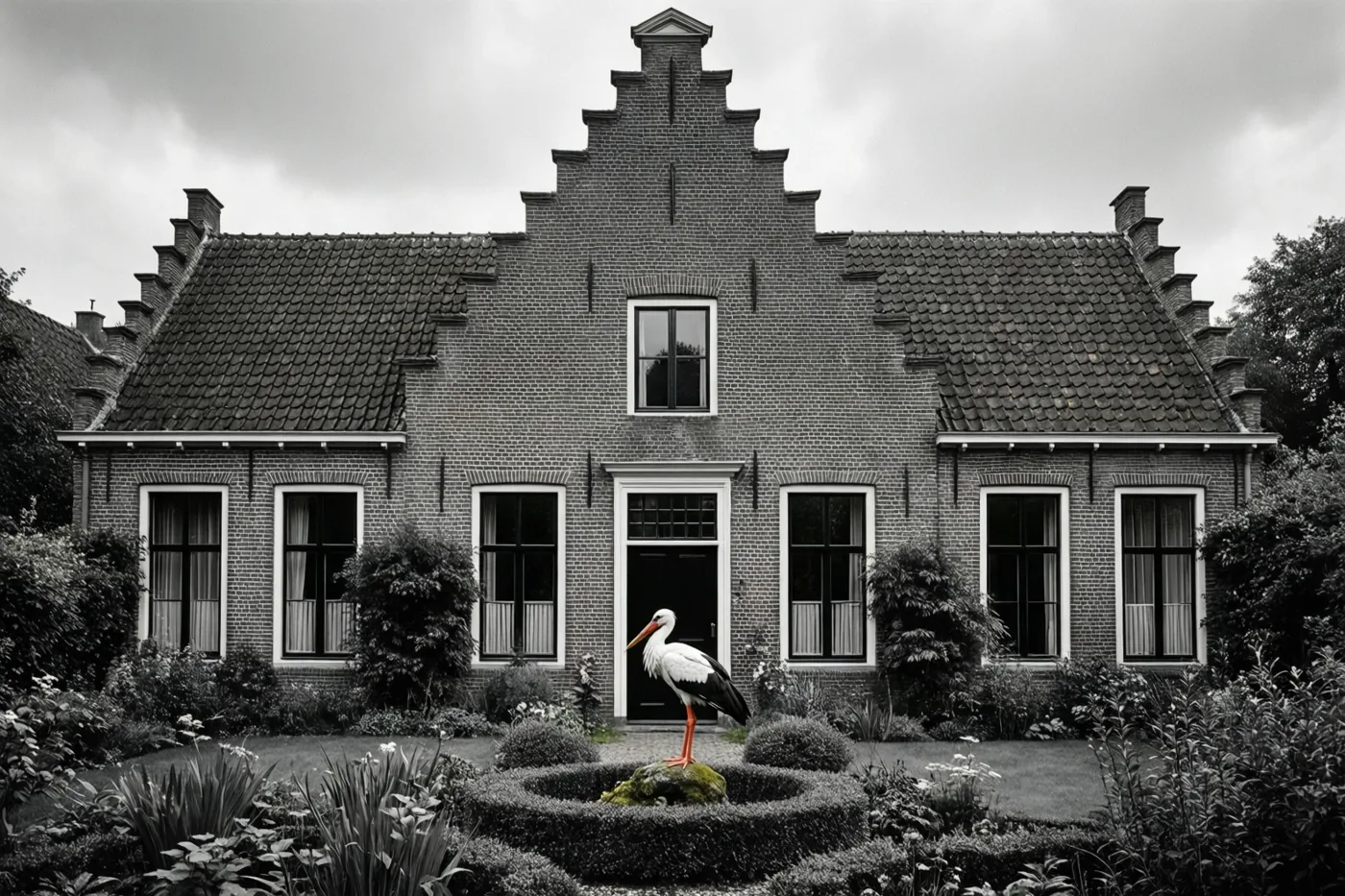 Op een zwart-witfoto staat een ooievaar op een bemoste rots voor een Vlaams bakstenen huis met trapgevel en een verzorgde tuin.