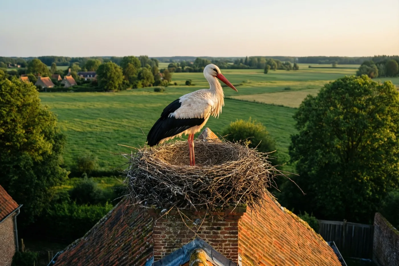 Een witte ooievaar met zwarte vleugels en een rode snavel staat op een nest boven op een bakstenen boerderijschoorsteen, met groen platteland onder een goudkleurige avondlucht.