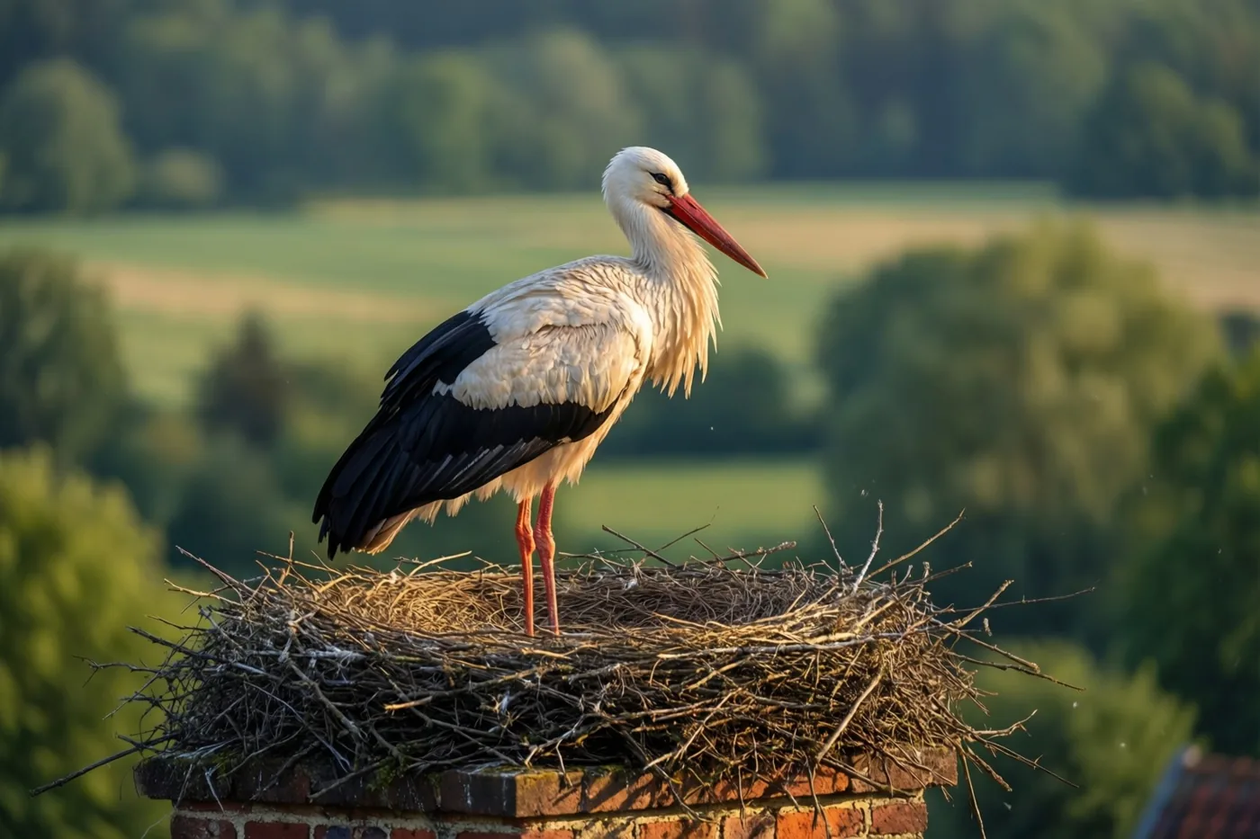 Een witte ooievaar met zwarte vleugels en een rode snavel staat op een groot takkennest op een bakstenen schoorsteen, met een wazig groen landschap en bomen op de achtergrond.