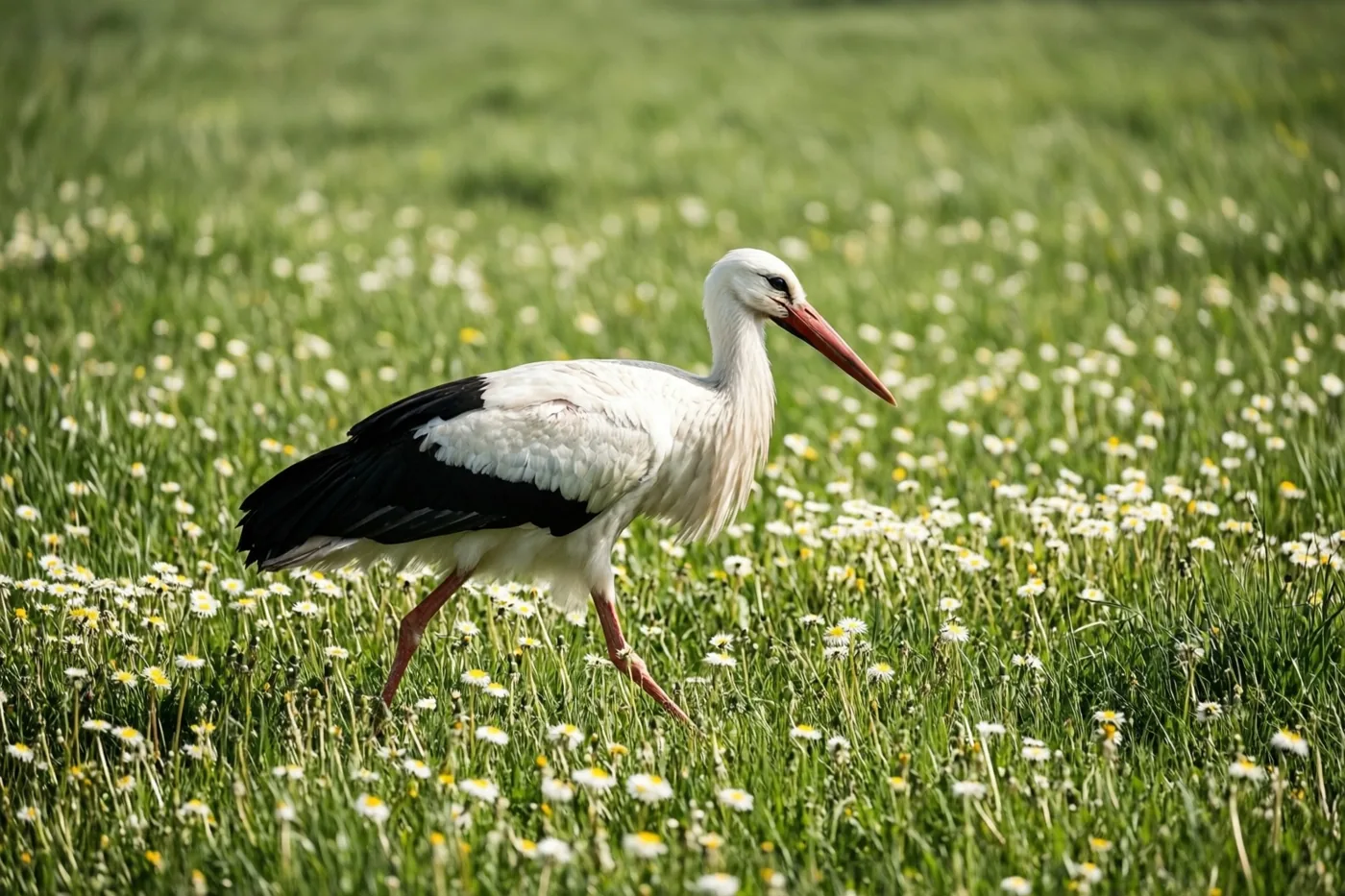 Een witte ooievaar met zwarte vleugelpunten en een lange rode snavel stapt door een felgroene weide met witte en gele bloemen in helder zonlicht.