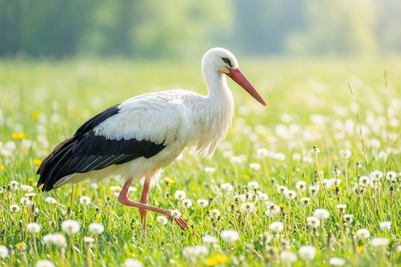 Een witte ooievaar met zwarte vleugelpunten en een lange rode snavel stapt door een felgroene weide met witte paardenbloemen in warm zonlicht.