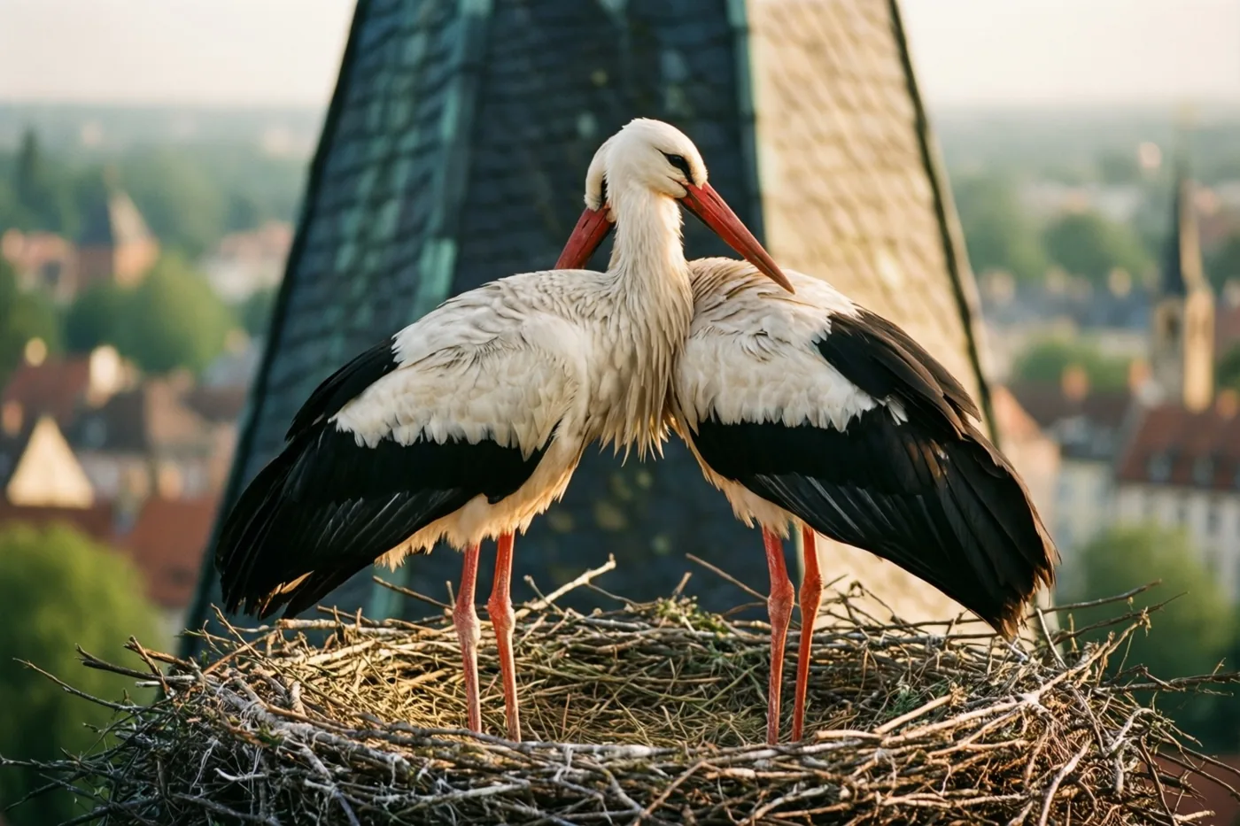 Twee witte ooievaars met zwarte vleugels en rode snavels en poten staan dicht bij elkaar op een takkennest op een kerktoren, met een wazig stadje en groene bomen op de achtergrond.