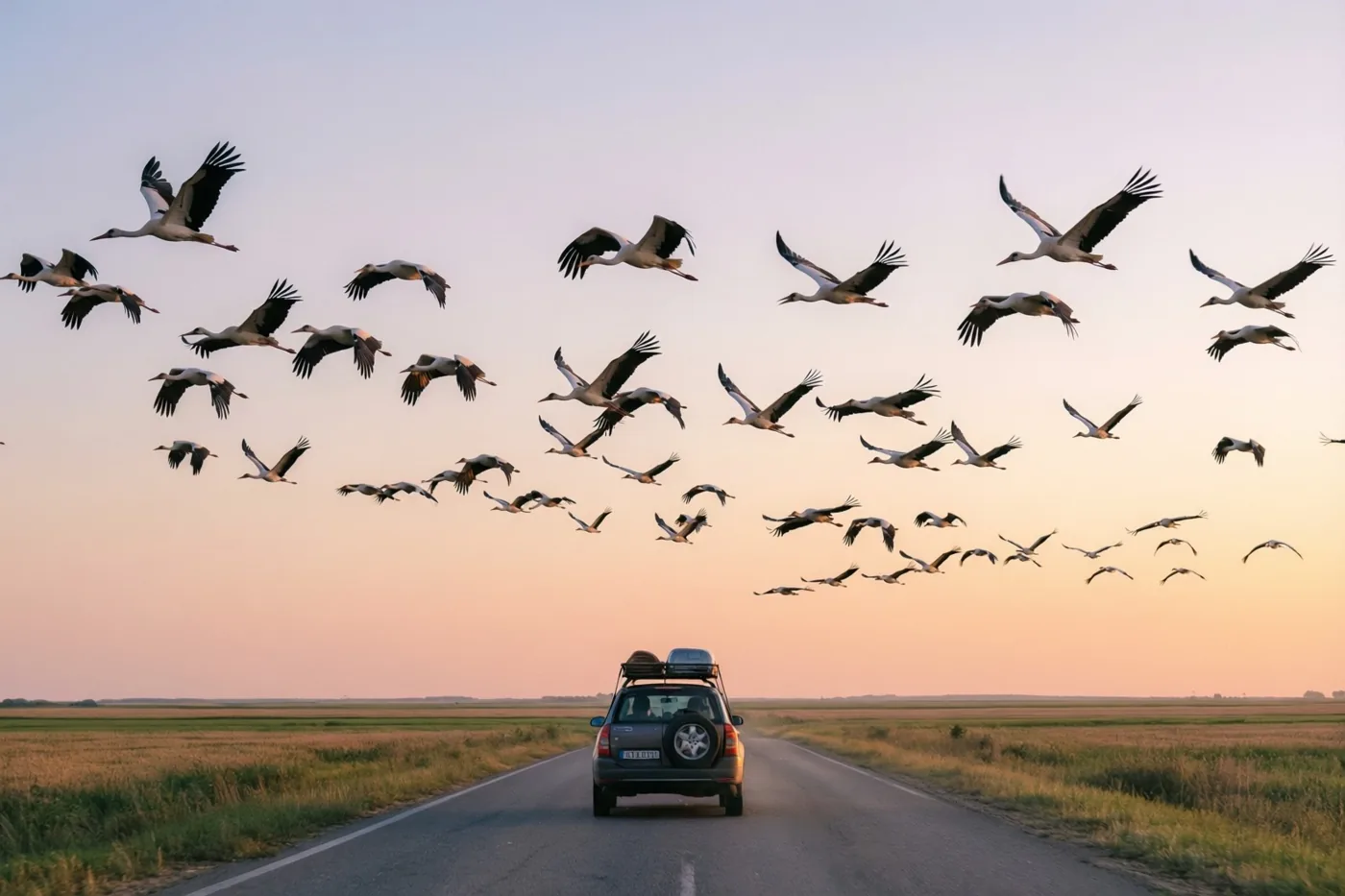 Witte ooievaars met zwarte vleugels vliegen boven vlakke velden bij een oranje-roze zonsondergang, terwijl een donkere terreinwagen over een verharde weg wegrijdt.