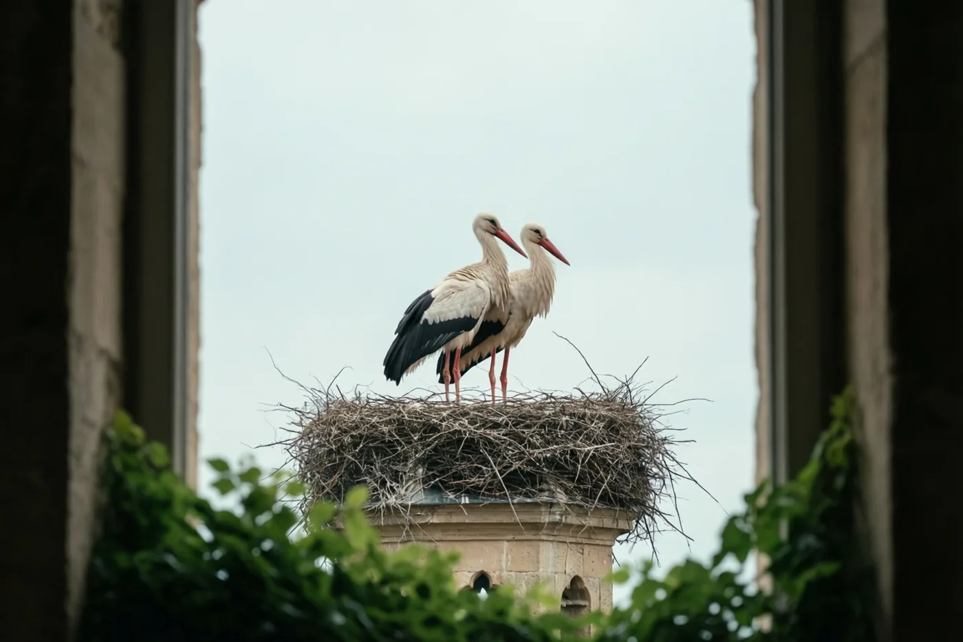 Door een stenen boog zijn twee witte ooievaars met zwarte vleugels en rode snavels te zien op een groot nest op een stenen kerktoren, met groen vooraan en een bleke lucht erachter.