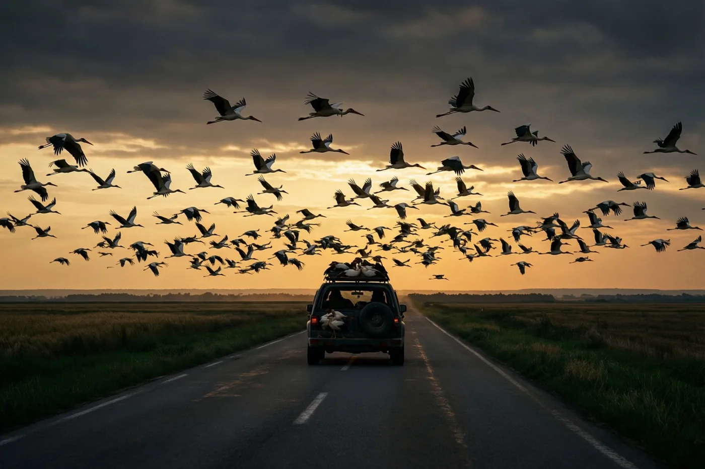 Een groep ooievaars vliegt boven vlakke velden terwijl een volgeladen terreinwagen over een landelijke weg rijdt, met donkere silhouetten tegen een oranje-gele avondlucht.