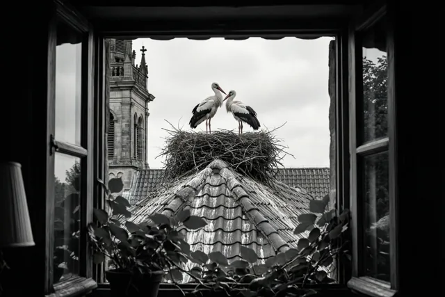 Ooievaars door het raam