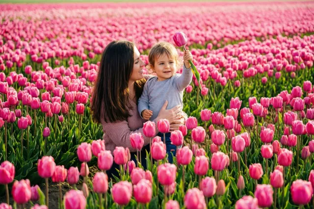 Bij mama tussen de tulpen