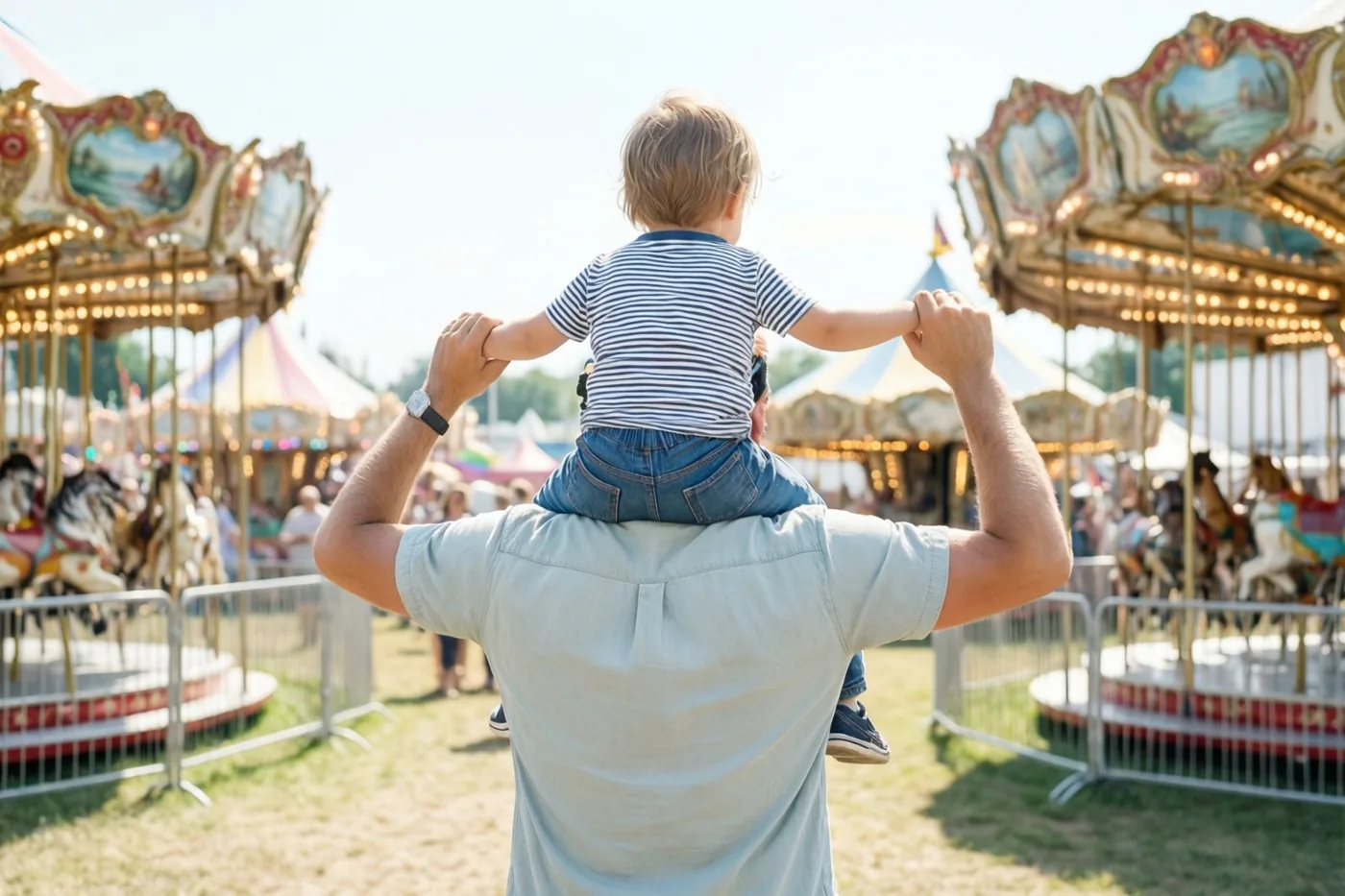 Een vader draagt een jong kind op zijn schouders en kijkt van achteren gezien naar een verlichte draaimolen op een zonnige kermis onder een blauwe hemel.
