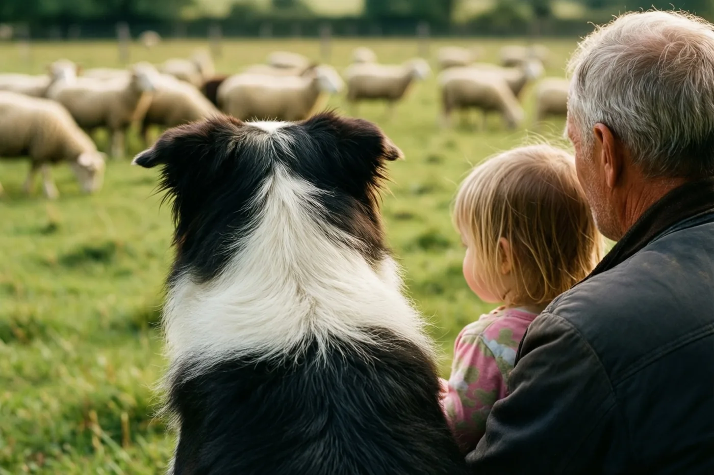 Een zwart-witte herdershond zit tussen een opa en zijn kleine kleinkind, alle drie van achteren gezien terwijl ze in warm daglicht naar grazende schapen in een groene wei kijken.