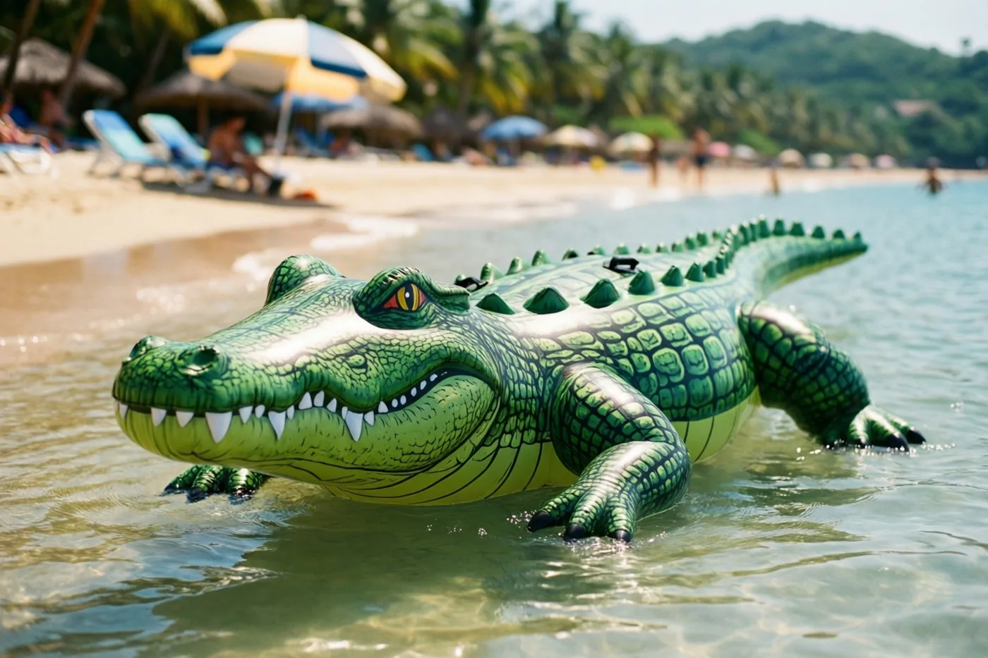 Een grote groene opblaaskrokodil drijft in rustig, ondiep zeewater in de zon, met zand, palmbomen en een kleurrijke parasol op de achtergrond.