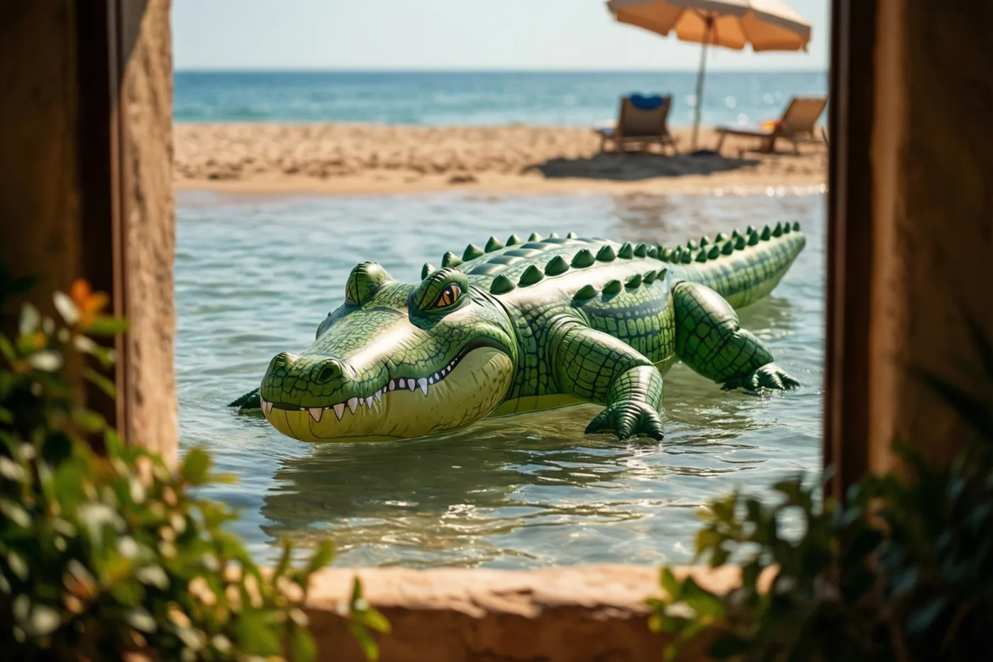 Door een houten kader met bladeren op de voorgrond is een groene opblaaskrokodil in rustig, ondiep zeewater te zien, met een parasol en ligstoelen op een zonnig strand onder een heldere lucht.