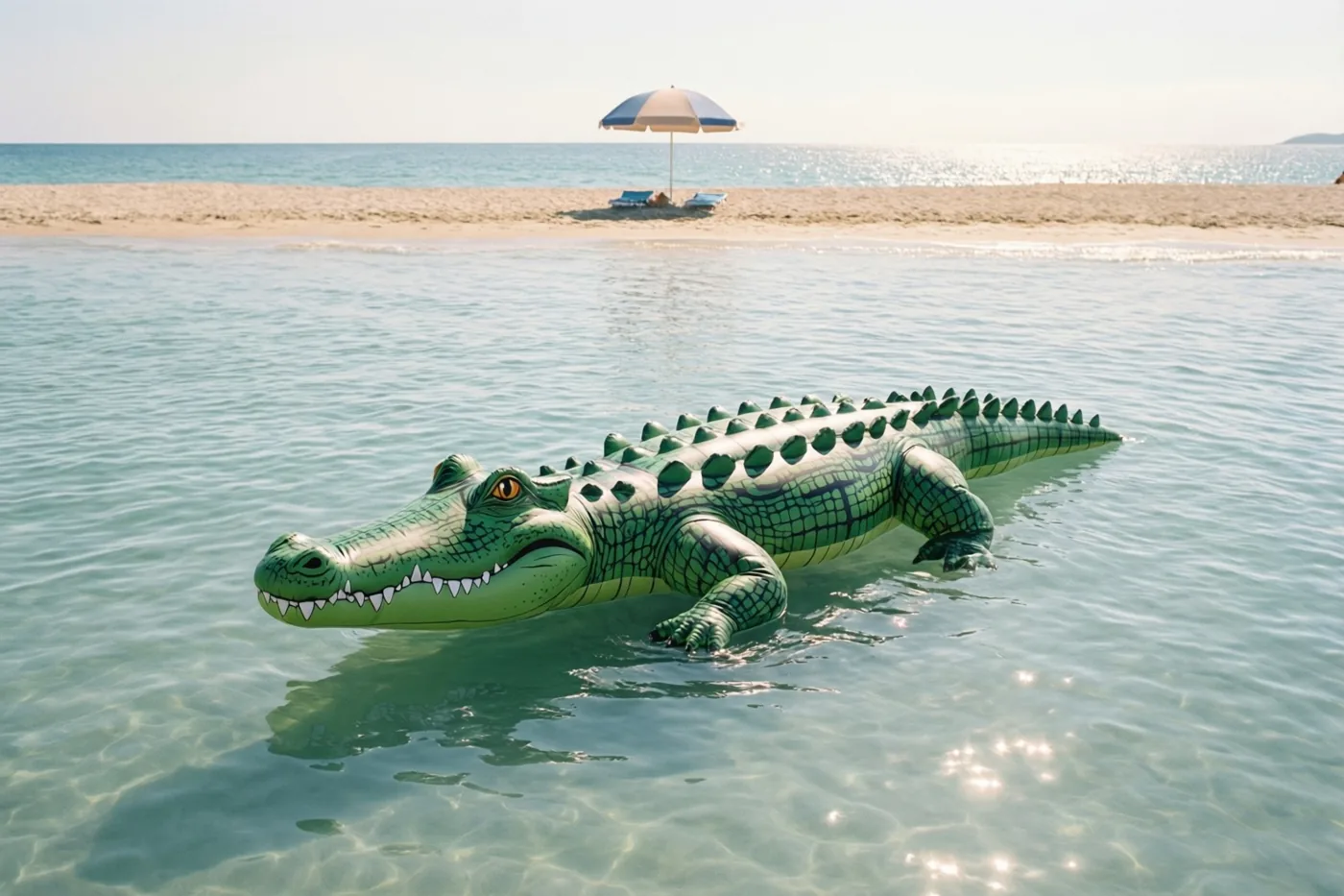 Een groene opblaaskrokodil drijft in rustig, ondiep zeewater in de felle zon, met een parasol op het zandstrand erachter.