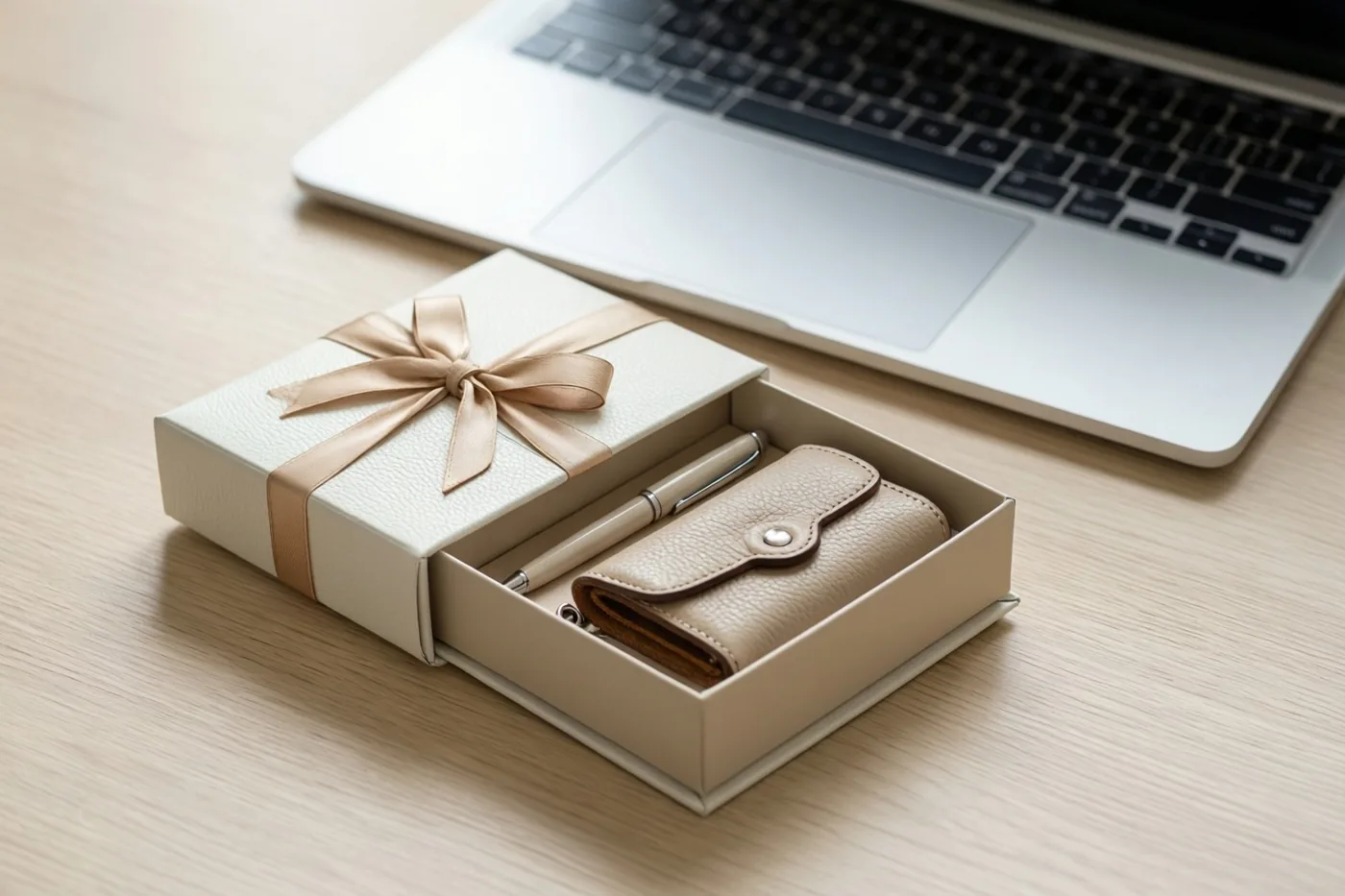 Op een licht houten bureau staat naast een zilverkleurige laptop een open beige geschenkdoos met een bijpassend lint, een pen en een leren sleuteletui.