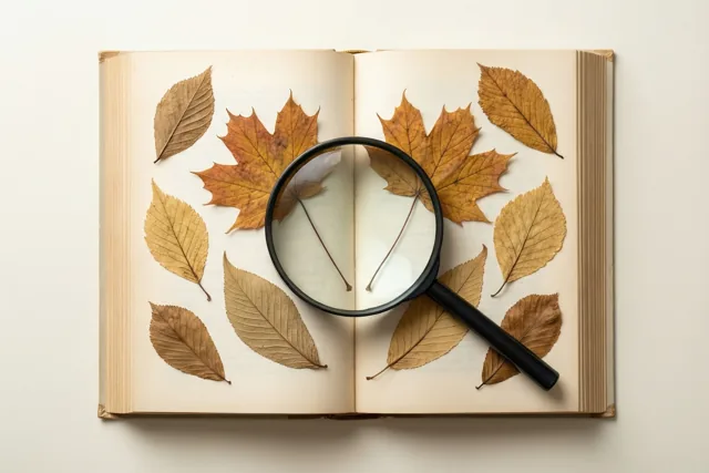 Geperste herfstbladeren liggen op de bladzijden van een open boek met een vergrootglas erbovenop, tegen een effen achtergrond in warme aardetinten.