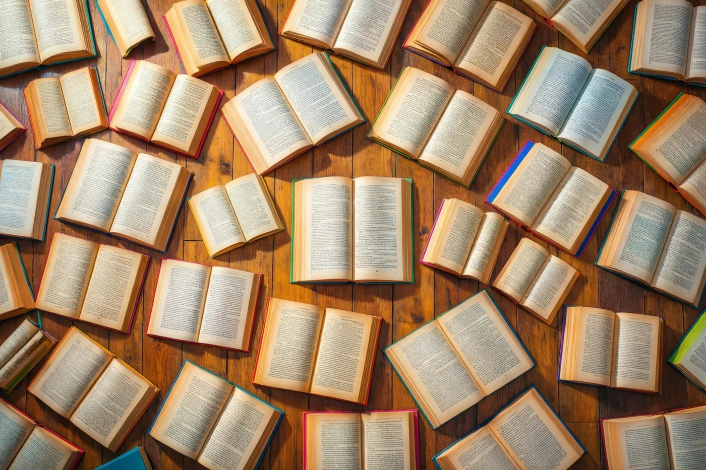 Talrijke open boeken liggen verspreid in een patroon op een houten vloer, met warme bruine tinten en kleurrijke boekruggen, van bovenaf gezien.