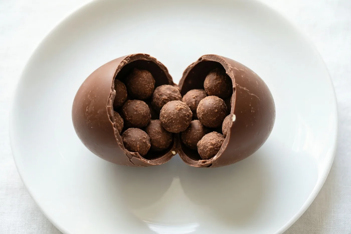 Een opengebroken chocolade-ei met kleine pralines erin ligt op een wit bord tegen een witte achtergrond.
