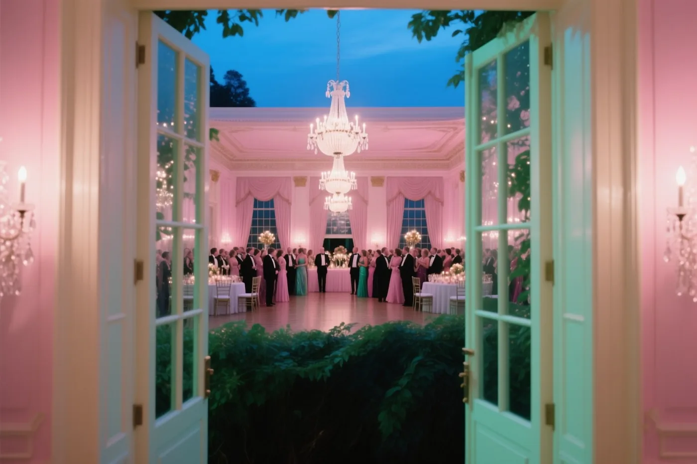Een open deuropening met blauwgroene deuren geeft zicht op een roze verlichte balzaal met kroonluchters en gasten rond tafels.