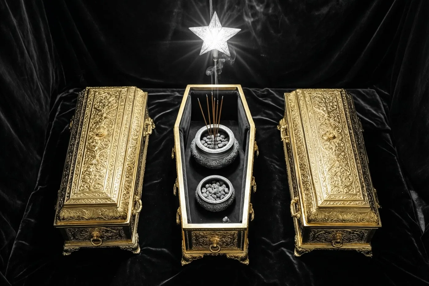 Drie versierde gouden kistjes staan op donker fluweel onder een lichtgevende ster, met wierook en schaaltjes mirre in het geopende middelste kistje.