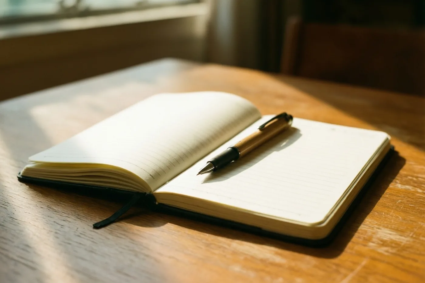 Een open notitieboek met een pen ligt op een houten bureau in een warme zonnestraal.