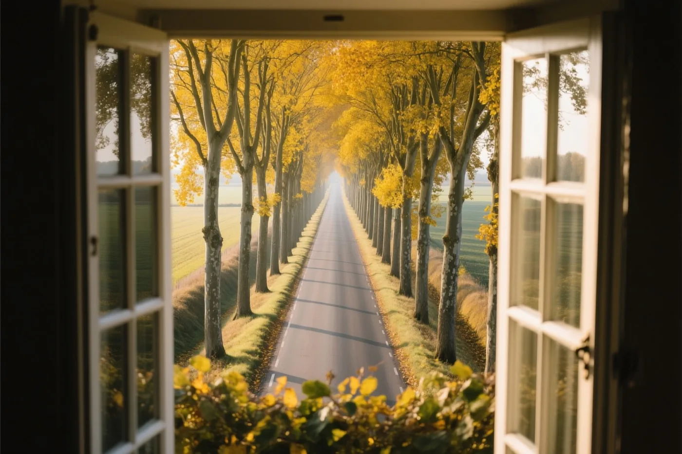 Door een open raam is een rechte landweg te zien met hoge, goudgele platanen in warm zonlicht.