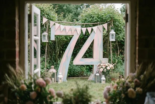 Door een open raam is een tuin te zien met een groot beschilderd houten bord met 74, vlaggetjes, lantaarns en groen in zachte pasteltinten.