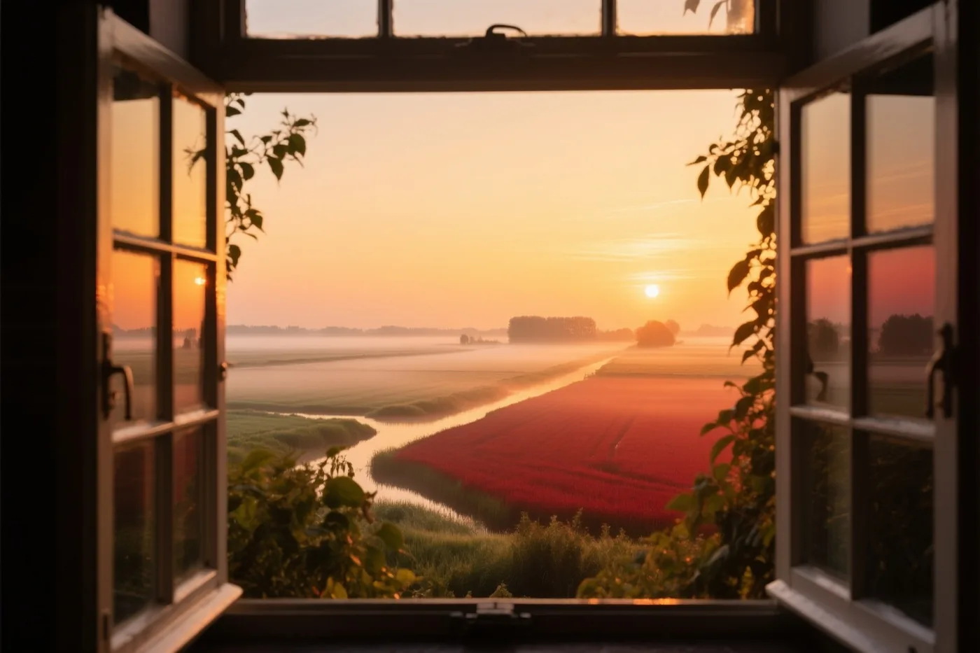 Door een open raam zijn mistige polders met een kronkelende rivier en een felrood veld bij zonsopgang te zien, in warme oranje en gele tinten.