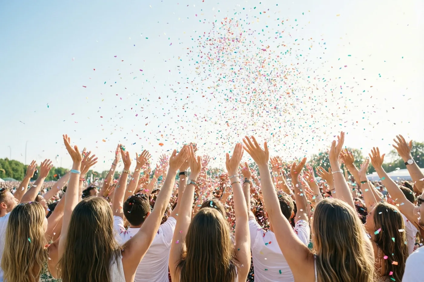 Een menigte is van achteren te zien met opgeheven handen onder vallende kleurrijke confetti, met veel witte kleding in goudkleurig zonlicht.
