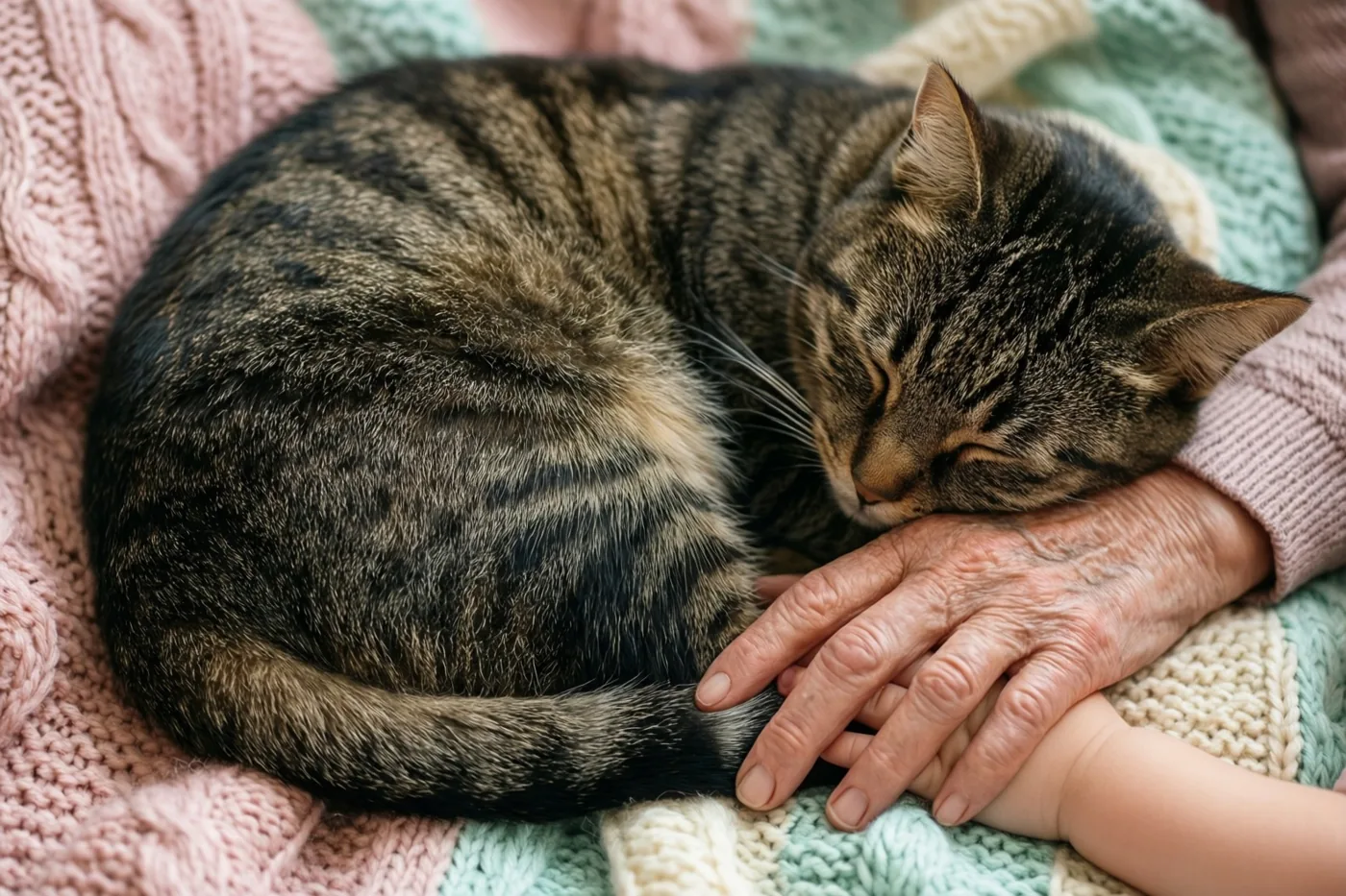 Een gestreepte kat ligt opgekruld op een handgebreide deken met daaronder een oude hand en een kleine kinderhand samen, in zachte roze, mintgroene en crèmekleurige tinten.