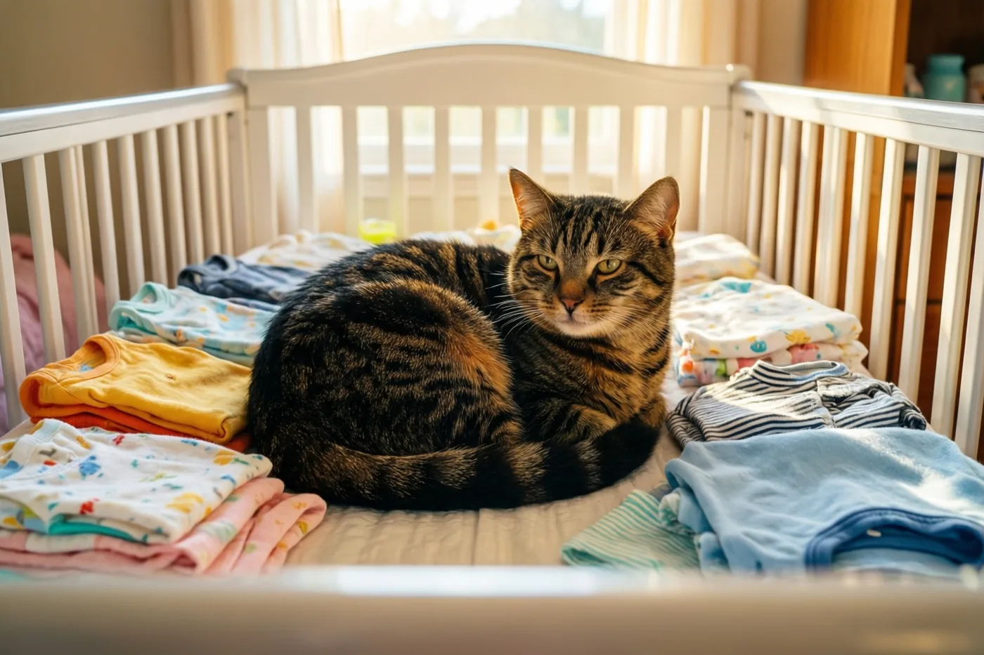Een tijgerkat ligt opgekruld in een wit babybedje tussen netjes opgevouwen babykleertjes, in zacht ochtendlicht.