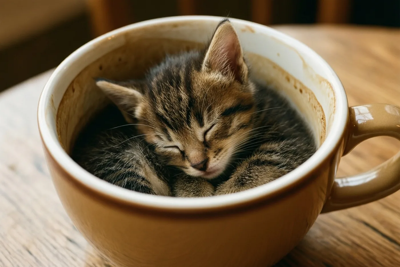 Een klein tijgerkatje ligt opgerold te slapen in een grote bruine keramieken koffiemok op een houten ontbijttafel in zacht, warm licht.