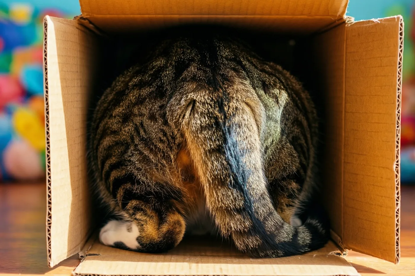 Een gestreepte kat ligt opgerold in een open kartonnen doos, met staart en achterpoten zichtbaar, in warm licht tegen een kleurrijke wazige achtergrond.